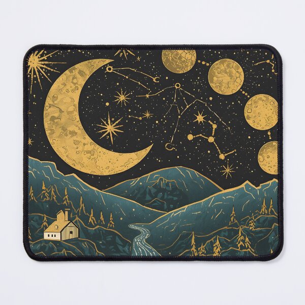 Item preview, Mystical Crescent Moon Mountain River Celestial Linocut Night Sky Art designed and sold by GrinGalore.