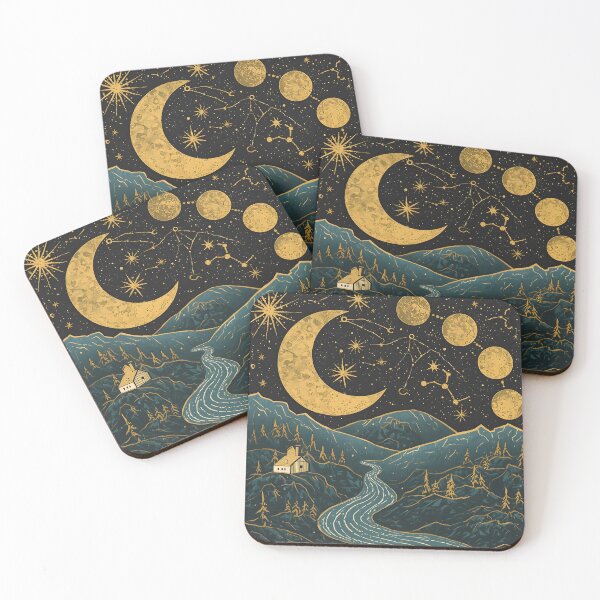Item preview, Mystical Crescent Moon Mountain River Celestial Linocut Night Sky Art designed and sold by GrinGalore.