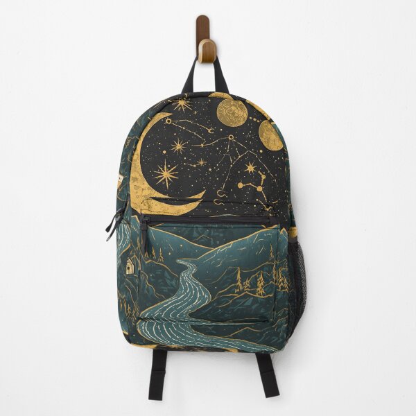 Item preview, Mystical Crescent Moon Mountain River Celestial Linocut Night Sky Art designed and sold by GrinGalore.