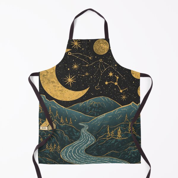 Item preview, Mystical Crescent Moon Mountain River Celestial Linocut Night Sky Art designed and sold by GrinGalore.