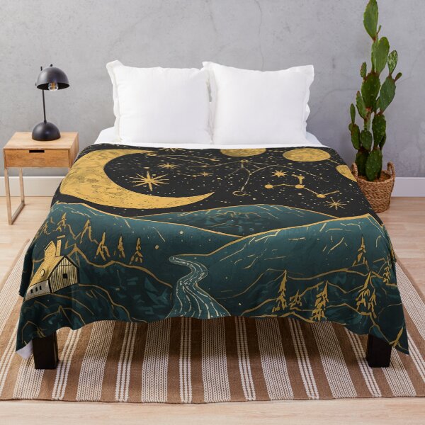 Item preview, Mystical Crescent Moon Mountain River Celestial Linocut Night Sky Art designed and sold by GrinGalore.
