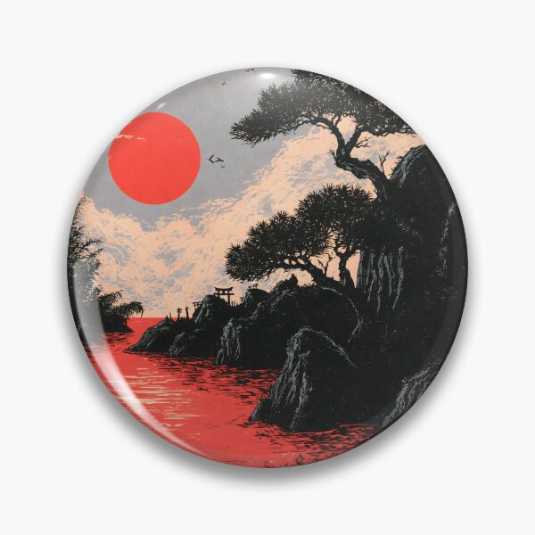 Item preview, Japanese Ukiyo-e Red Sun Pine Trees Mountain River Woodcut Art designed and sold by GrinGalore.