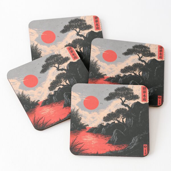 Item preview, Japanese Ukiyo-e Red Sun Pine Trees Mountain River Woodcut Art designed and sold by GrinGalore.