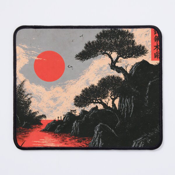 Item preview, Japanese Ukiyo-e Red Sun Pine Trees Mountain River Woodcut Art designed and sold by GrinGalore.