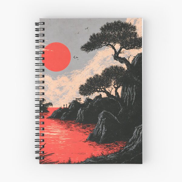Item preview, Japanese Ukiyo-e Red Sun Pine Trees Mountain River Woodcut Art designed and sold by GrinGalore.