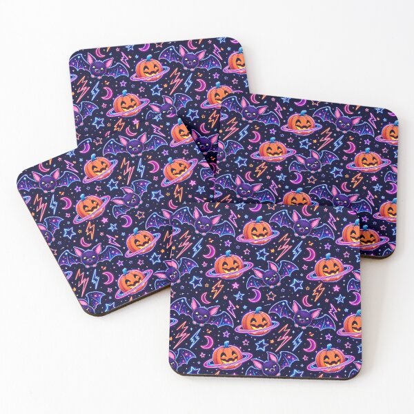 Item preview, Retro Neon Space Bat Pumpkin Night Pattern designed and sold by Thai Vibe Studio.