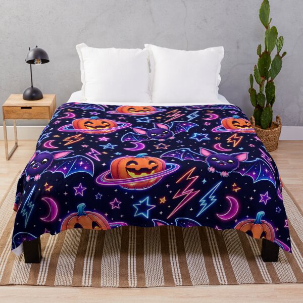 Item preview, Retro Neon Space Bat Pumpkin Night Pattern designed and sold by Thai Vibe Studio.