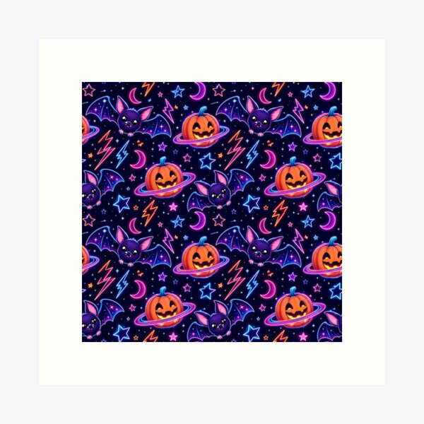 Item preview, Retro Neon Space Bat Pumpkin Night Pattern designed and sold by Thai Vibe Studio.