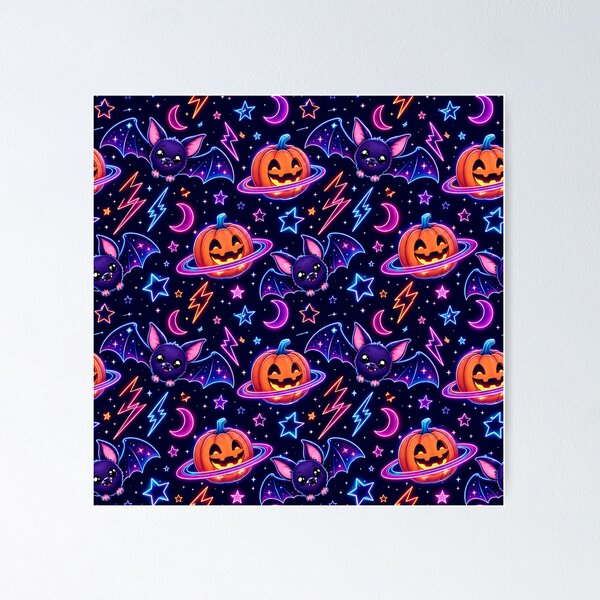 Item preview, Retro Neon Space Bat Pumpkin Night Pattern designed and sold by Thai Vibe Studio.