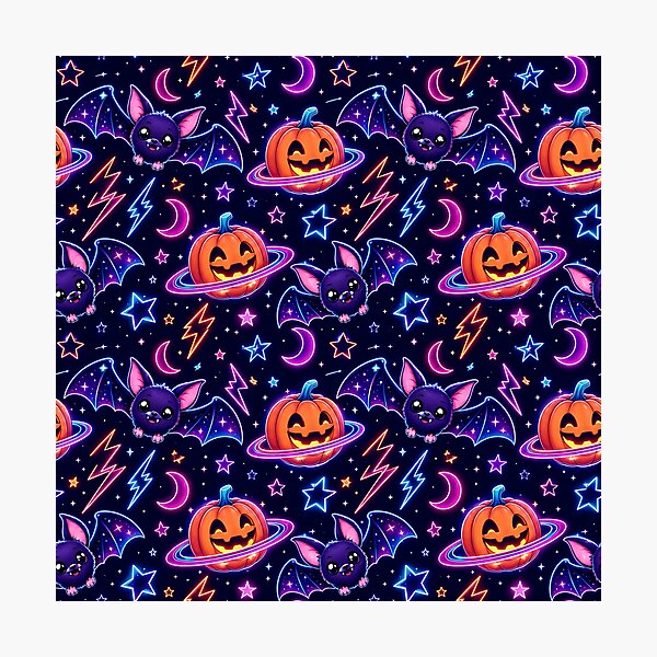 Item preview, Retro Neon Space Bat Pumpkin Night Pattern designed and sold by Thai Vibe Studio.