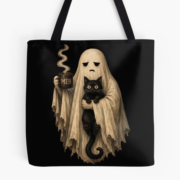 Item preview, Retro Funny Boojee Ghost Holding Black Cat Cozy Hot Latte halloween designed and sold by Starry Night Creative Art.