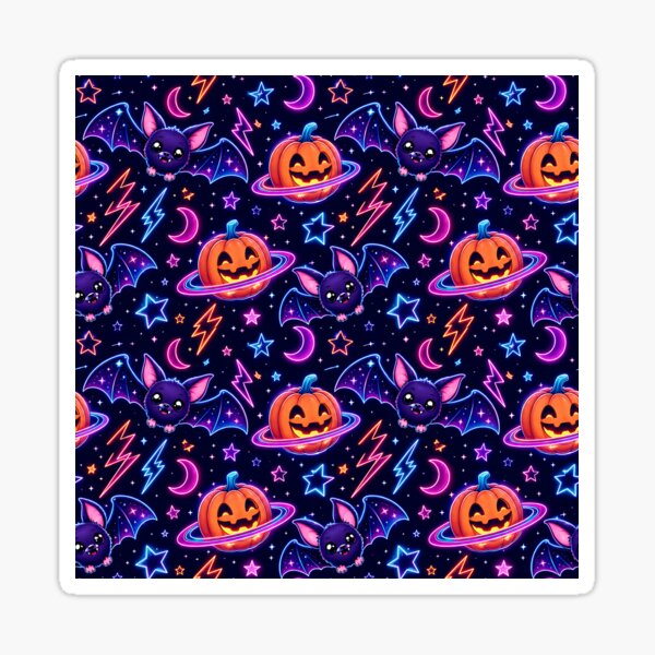 Item preview, Retro Neon Space Bat Pumpkin Night Pattern designed and sold by Thai Vibe Studio.