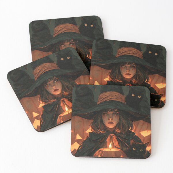 Item preview, Haunting Halloween Witch In Robe and Witch Hat With Black Cats and Pumpkin Lanterns Candles designed and sold by AKoukisOfficial.