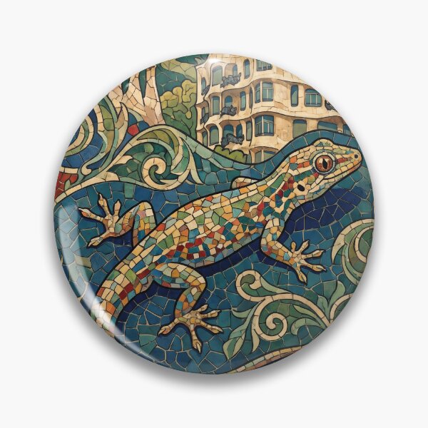 Item preview, BARCELONA Vintage Travel Illustration - Patterned Gecko Clinging in a Mosaic Park designed and sold by ZUMERI.