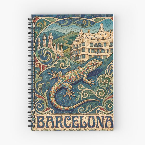 Item preview, BARCELONA Vintage Travel Illustration - Patterned Gecko Clinging in a Mosaic Park designed and sold by ZUMERI.