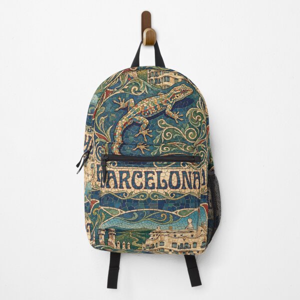 Item preview, BARCELONA Vintage Travel Illustration - Patterned Gecko Clinging in a Mosaic Park designed and sold by ZUMERI.