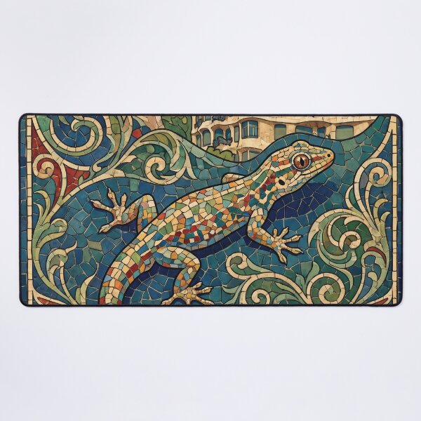 Item preview, BARCELONA Vintage Travel Illustration - Patterned Gecko Clinging in a Mosaic Park designed and sold by ZUMERI.