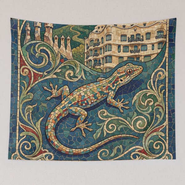 Item preview, BARCELONA Vintage Travel Illustration - Patterned Gecko Clinging in a Mosaic Park designed and sold by ZUMERI.