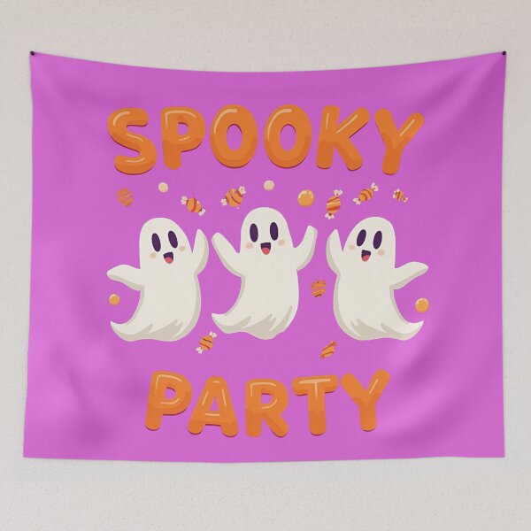 Aperçu de l'œuvre Fête effrayante : Trio de fantômes kawaii et bonbons flottants dans un design animé pour la célébration d'Halloween créée et vendue par Karina Creative Studio.