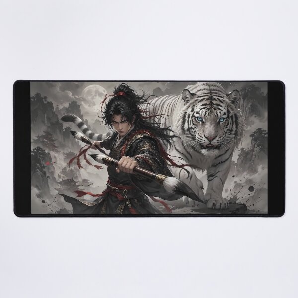 Item preview, White Tiger and Wuxia Warrior – Chinese Ink Martial Arts Fantasy designed and sold by ManJiangHong.