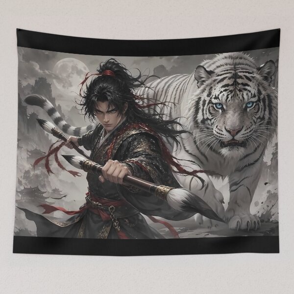 Item preview, White Tiger and Wuxia Warrior – Chinese Ink Martial Arts Fantasy designed and sold by ManJiangHong.