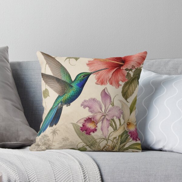 Item preview, Resplendent Hummingbird & Tropical Flowers, Vintage Botanical Wildlife Art designed and sold by Jandedan.