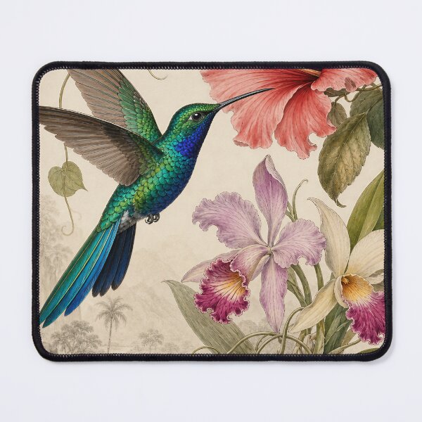 Item preview, Resplendent Hummingbird & Tropical Flowers, Vintage Botanical Wildlife Art designed and sold by Jandedan.
