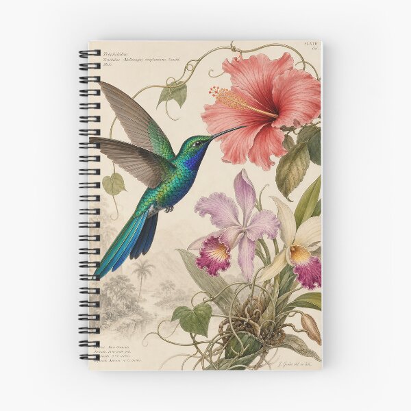 Item preview, Resplendent Hummingbird & Tropical Flowers, Vintage Botanical Wildlife Art designed and sold by Jandedan.