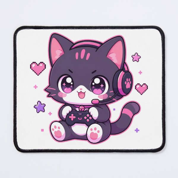 Item preview, Kawaii Gamer Cat | Cute Pixel Art Gaming Kitten with Headset & Controller | Purple Pink Aesthetic Illustration designed and sold by Cosmic Zodiac Studio.