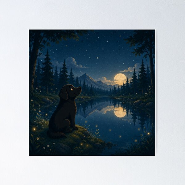 Item preview, Reflections Under the Moon – Black Labrador by a Night Lake designed and sold by Goodthingstree.