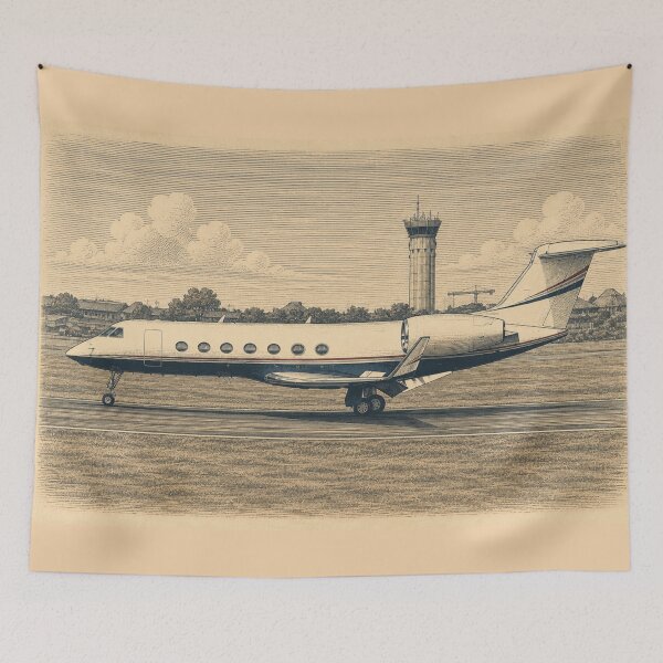 Item preview, vintage Engraving Style Business Jet on Runway Illustration designed and sold by EMaviation_.