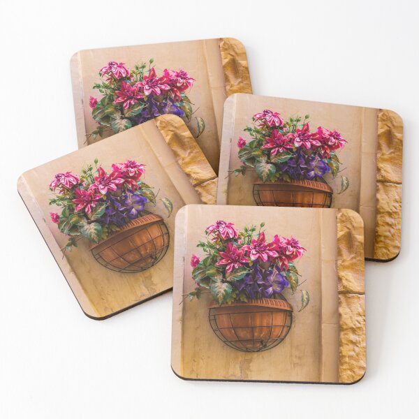 Item preview, Pink And Purple Flowers In Terracotta Wall Planter Pot Against Textured Beige Stucco Wall designed and sold by Nmallia.