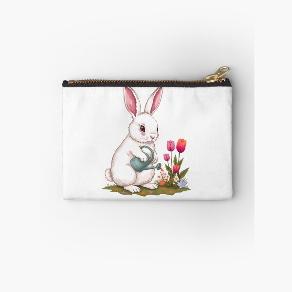 Item preview, Pegatina de conejo blanco en el jardín | Conejo regando tulipanes y flores silvestres | Ilustración de animales de jardín primaveral | Arte de naturaleza estilo cottagecore designed and sold by Pandey14.