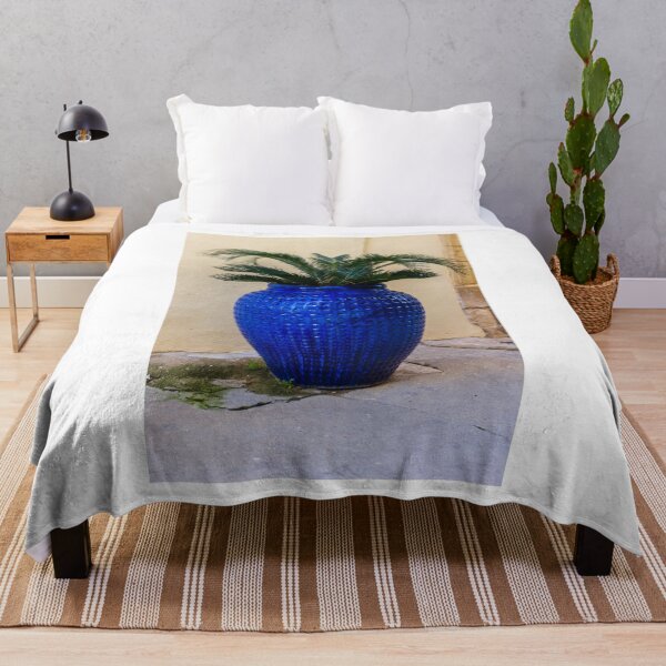Item preview, Blue Ceramic Vase With Tropical Palm Plant Used As Decorative Outdoor Planter By A Stucco Wall designed and sold by Nmallia.
