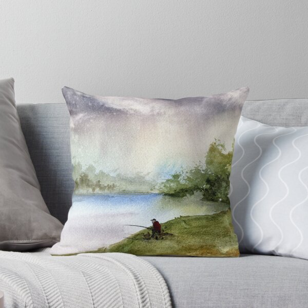 Item preview, Solitary Fisherman Lakeside Watercolor Art Print designed and sold by OnHeathAndMoor.