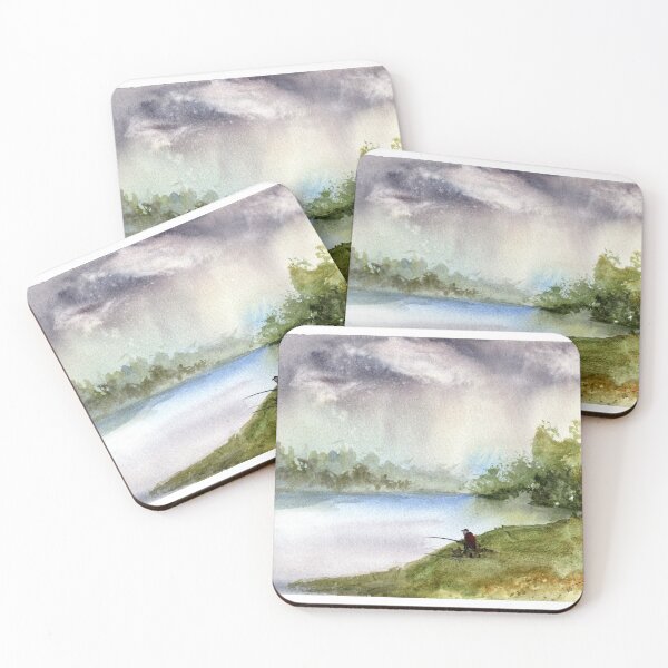 Item preview, Solitary Fisherman Lakeside Watercolor Art Print designed and sold by OnHeathAndMoor.