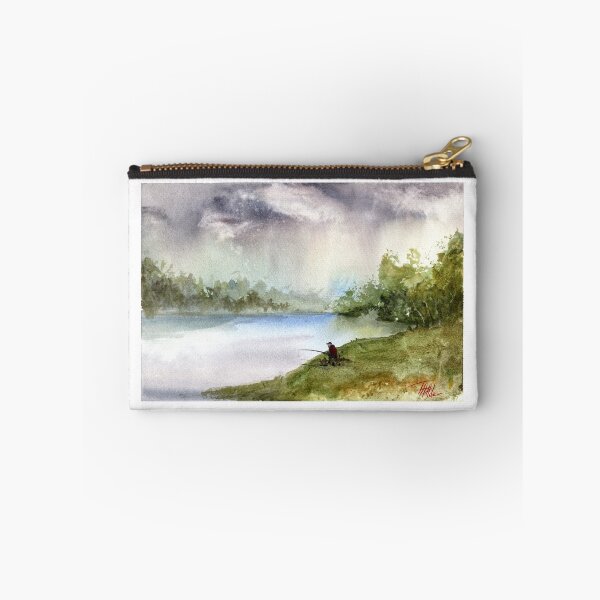 Item preview, Solitary Fisherman Lakeside Watercolor Art Print designed and sold by OnHeathAndMoor.