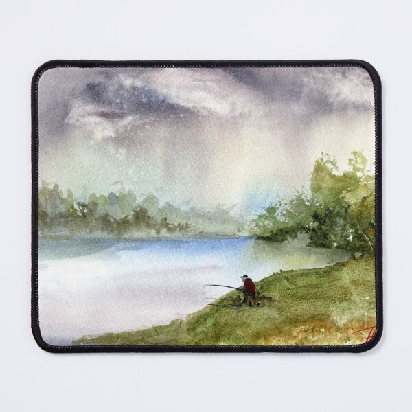 Item preview, Solitary Fisherman Lakeside Watercolor Art Print designed and sold by OnHeathAndMoor.