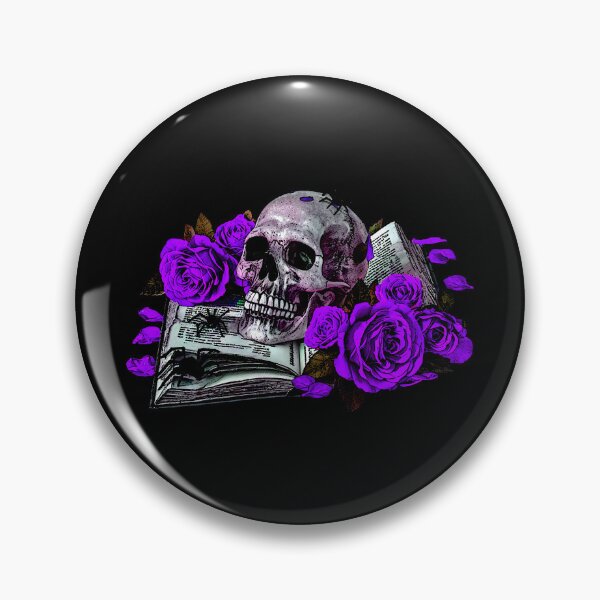 Item preview, Detailed human skull on a book ribbon, purple roses designed and sold by Kirei-Lily.