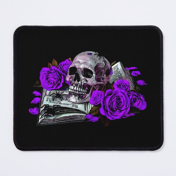 Item preview, Detailed human skull on a book ribbon, purple roses designed and sold by Kirei-Lily.