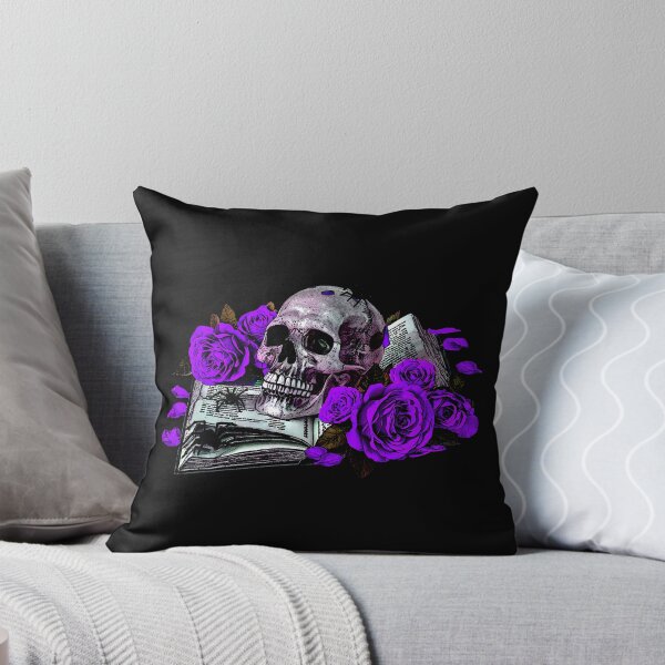 Item preview, Detailed human skull on a book ribbon, purple roses designed and sold by Kirei-Lily.