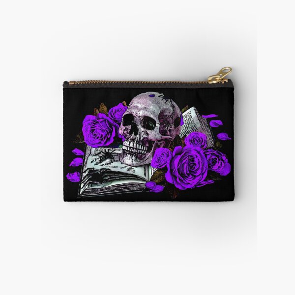 Item preview, Detailed human skull on a book ribbon, purple roses designed and sold by Kirei-Lily.