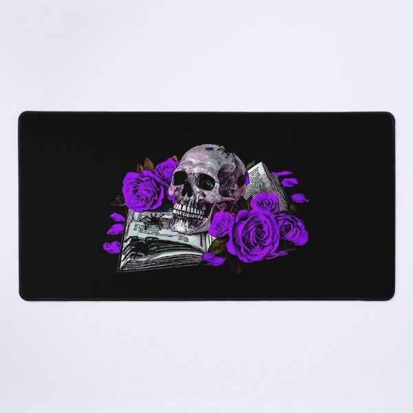 Item preview, Detailed human skull on a book ribbon, purple roses designed and sold by Kirei-Lily.
