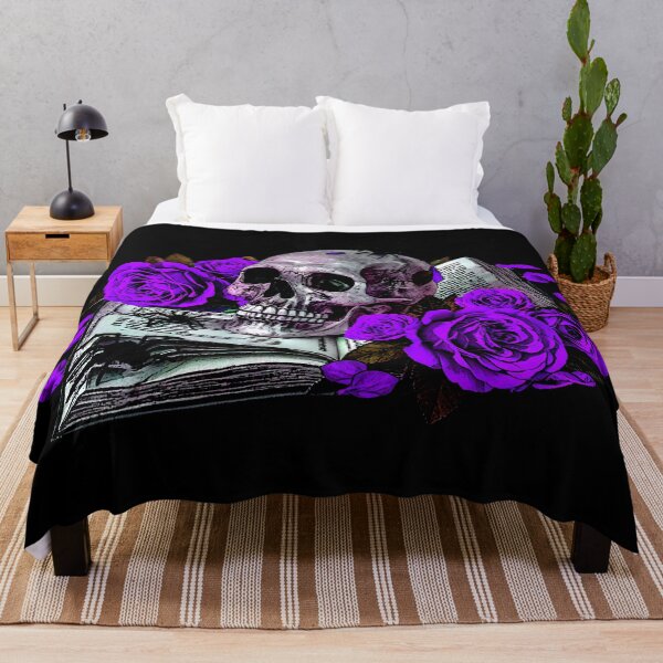 Item preview, Detailed human skull on a book ribbon, purple roses designed and sold by Kirei-Lily.