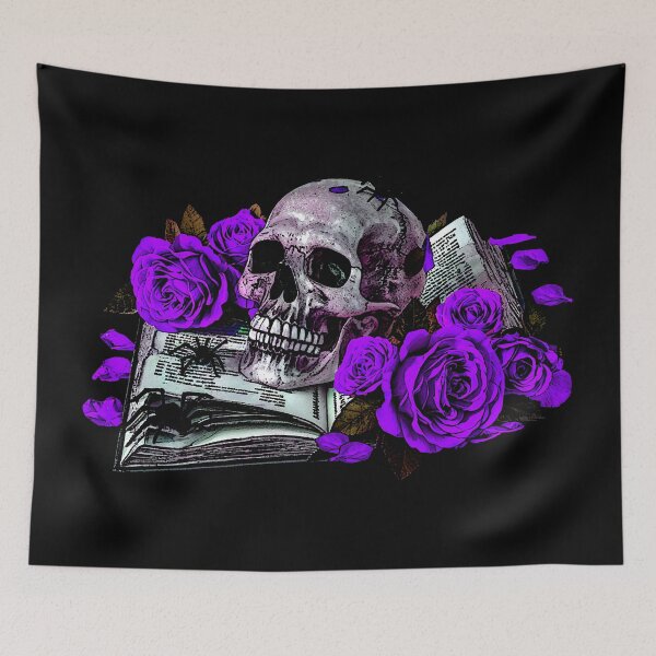 Item preview, Detailed human skull on a book ribbon, purple roses designed and sold by Kirei-Lily.