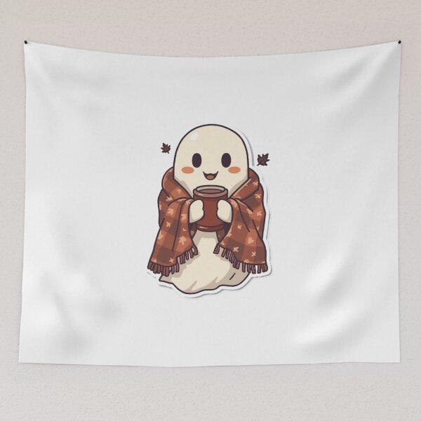 Item preview, Cute Cozy Ghost with Coffee | Retro Fall Halloween designed and sold by Kiinaaa.