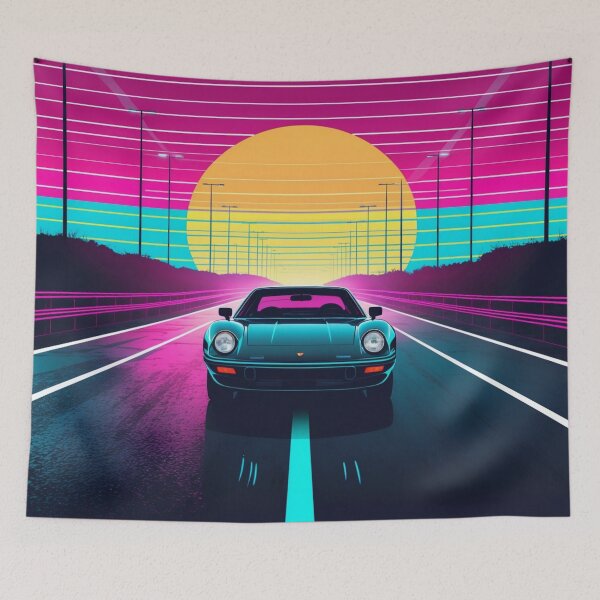 Item preview, Neon Synthwave Car Driving Into Retro Sunset 80s Highway Art designed and sold by NeuralAuraArts.