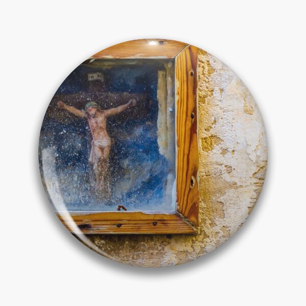 Item preview, Weathered Framed Crucifix On Old Plastered Wall Religious Icon Shrine In Rustic Street Scene designed and sold by Nmallia.