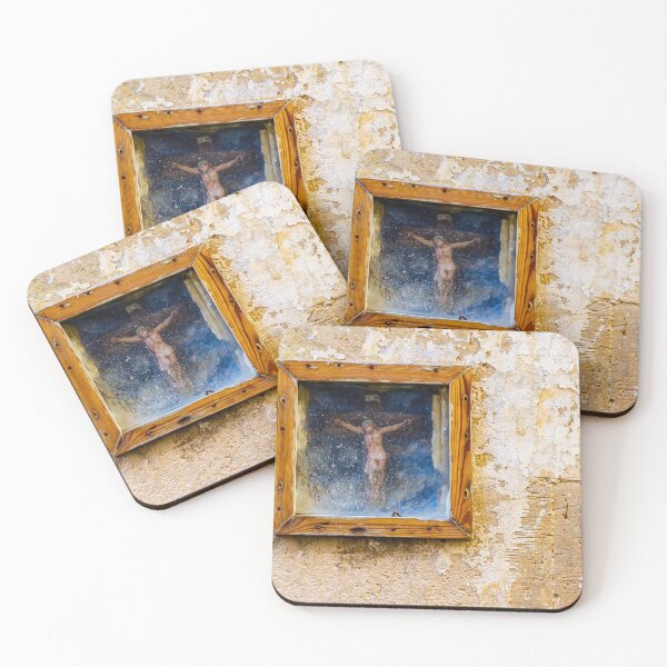 Item preview, Weathered Framed Crucifix On Old Plastered Wall Religious Icon Shrine In Rustic Street Scene designed and sold by Nmallia.