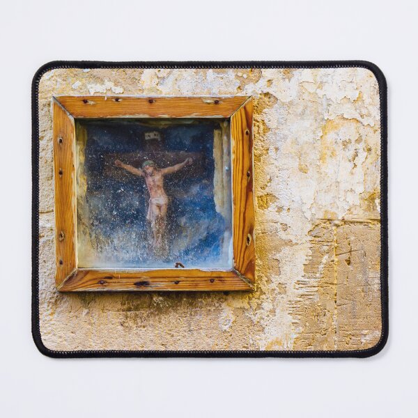 Item preview, Weathered Framed Crucifix On Old Plastered Wall Religious Icon Shrine In Rustic Street Scene designed and sold by Nmallia.